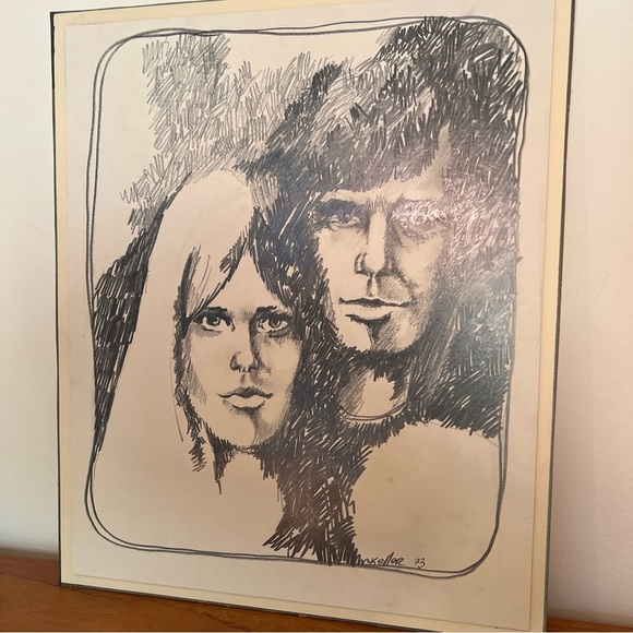 Original portrait, pencil M Keller 1973 drawing on board Mcm retro vintage - Picture 8 of 17